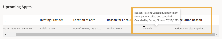 Upcoming Appointments shows a canceled appointment reason with the cursor hovering over the Canceled and a yellow highlight box around it.